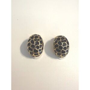 Norma Jean Vintage Gold Tone Black Enamel Giraffe Print Clip On Earrings Oval